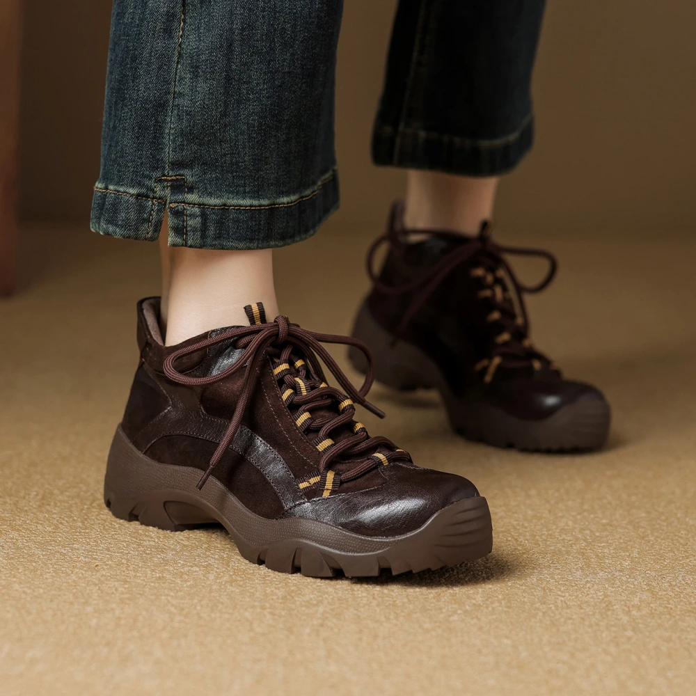 Women's New Retro Shoes Autumn Winter Genuine Leather Suede Patchwork Lace-Up Casual 5 CM Thick Sole Soft Versatile Fashion51105