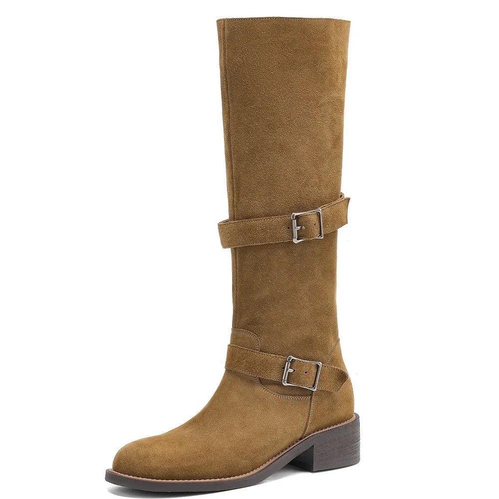 Slimming 4CM Block Heel Buckle Round Toe Genuine Leather Suede Versatile Vintage Mermaid Autumn Winter Knee-High Boots 51112