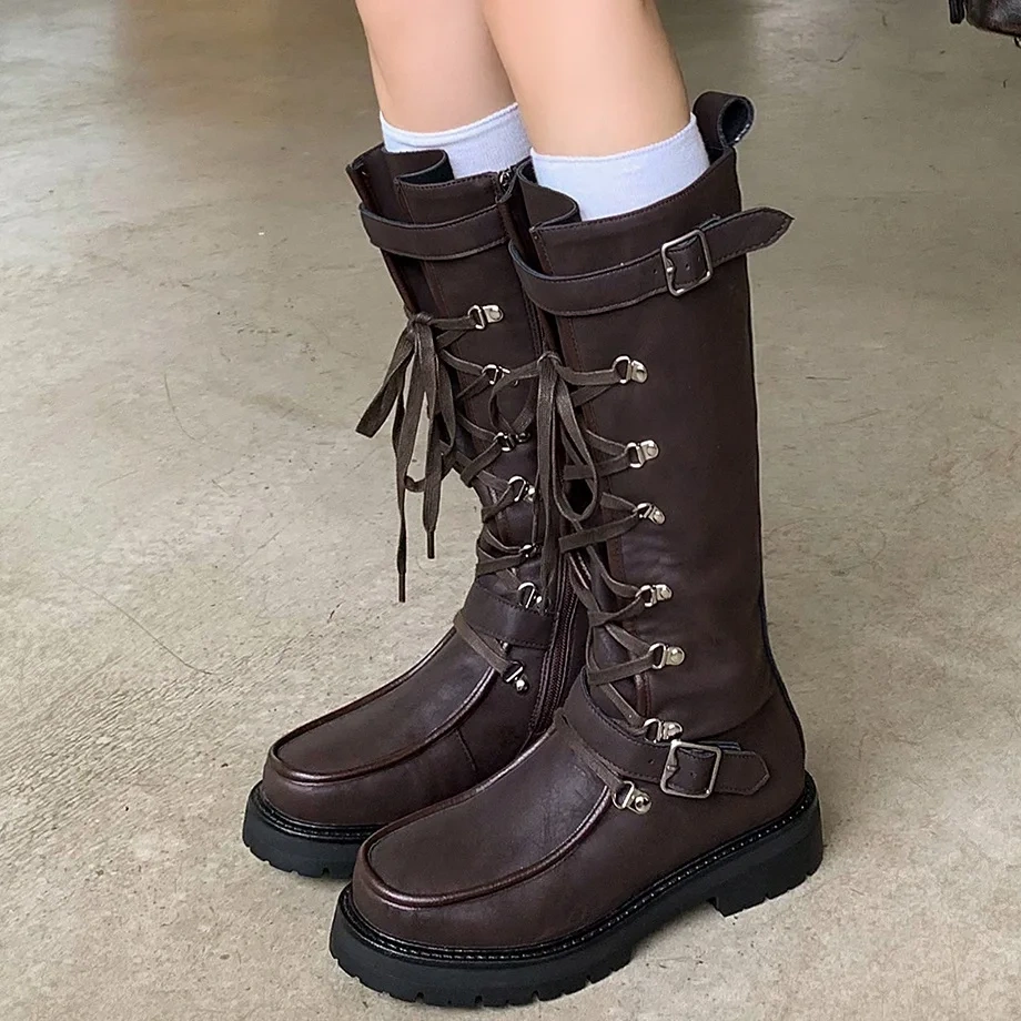 Retro Round Toe 3.5 CM Block Heel Cross Straps Buckle Design Y2K Edgy Sweet Girl Aesthetic Brown Knee High Boots 51108
