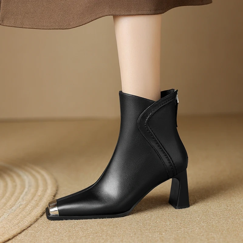 Autumn Winter New Solid Elegant Fashion 7 CM Block Heel Metal Toe Leather French Retro Plus Size 40 Women's Ankle Boots 51110