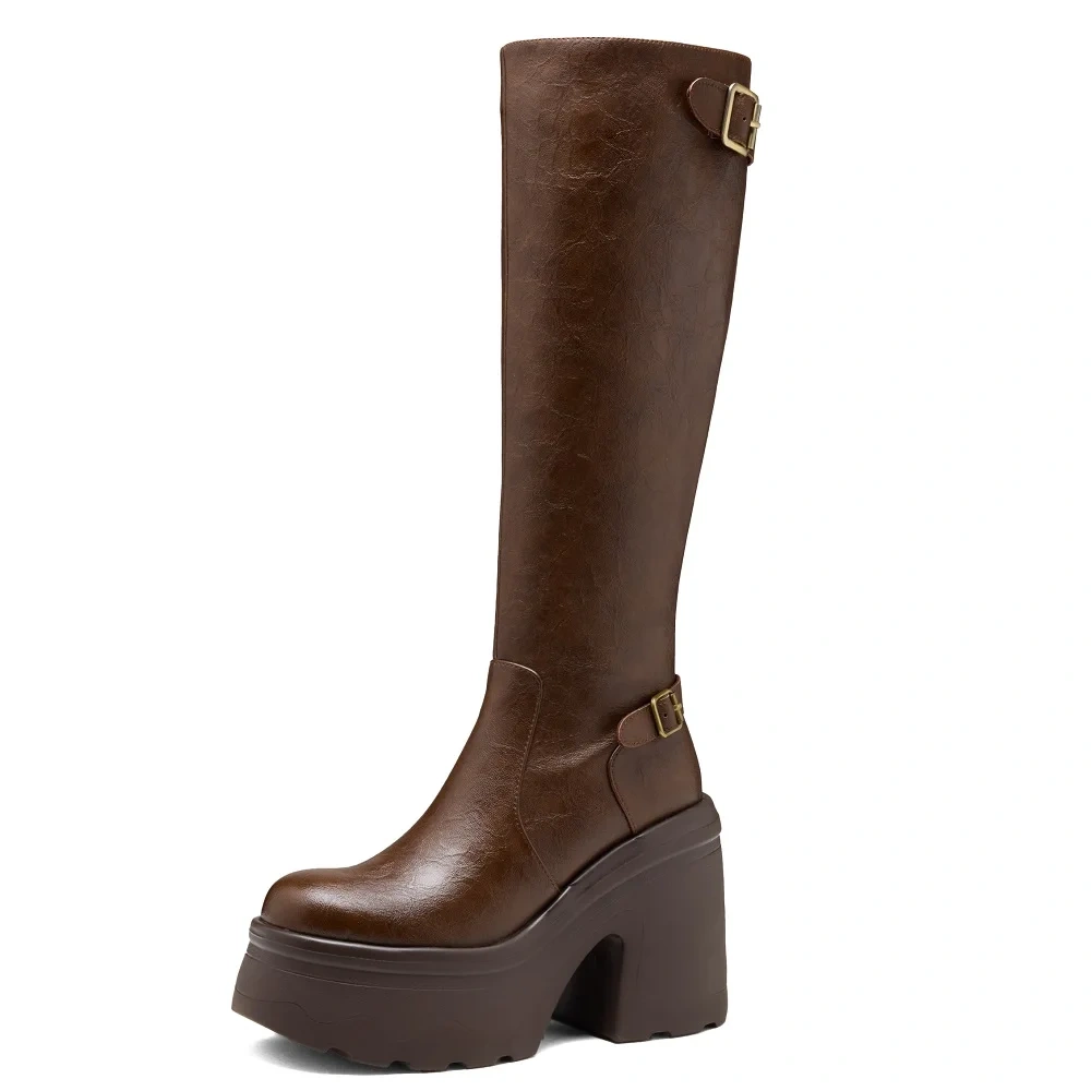 Retro British Style 12 CM Square Heel Boots Women Genuine Leather Buckle Platform Round Toe Slim Fit Mid-Calf Fashion Boots51113