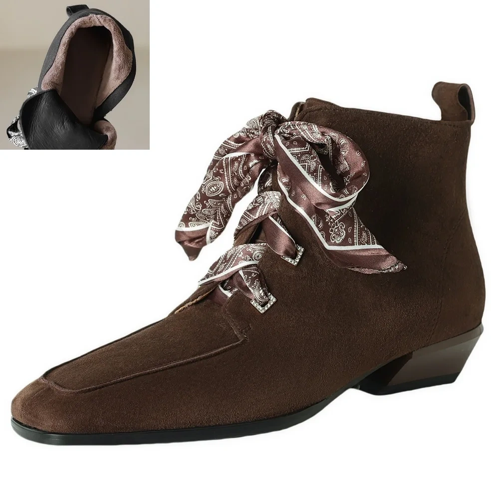 3CM Block Heel Spring Autumn Winter French Square Toe Office Sheep Suede Ribbon Elegant Zipper Retro Fashion Ankle Boots 51112