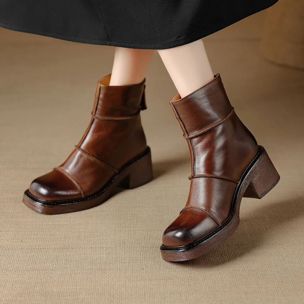 Vintage Brown 5.5CM Block Heel Ankle Women's Autumn Winter Fleece Lined Genuine Leather French British Style Chic Boots 51115