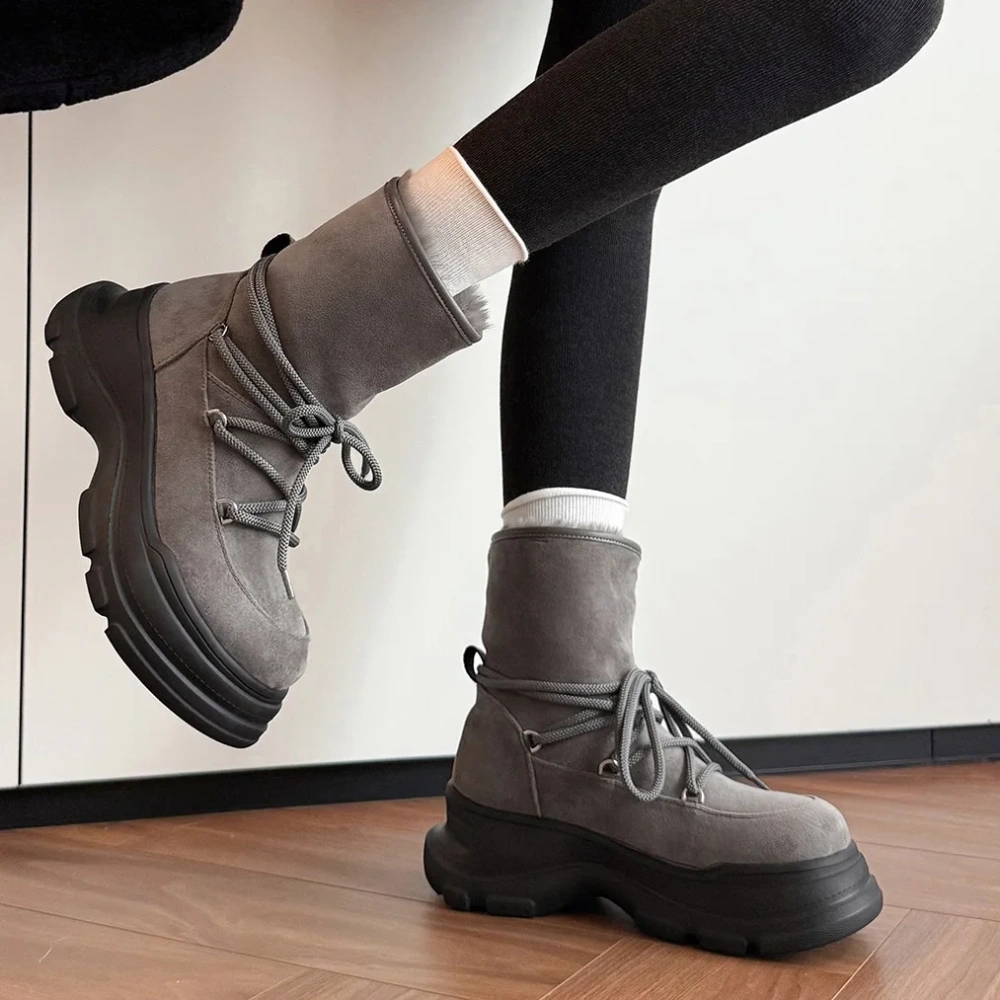 Women's Warm Fleece Lined Snow Boots 2025 6 CM Platform Height Increasing Round Toe Faux Suede Lace-Up Ankle Casual Boots 51115