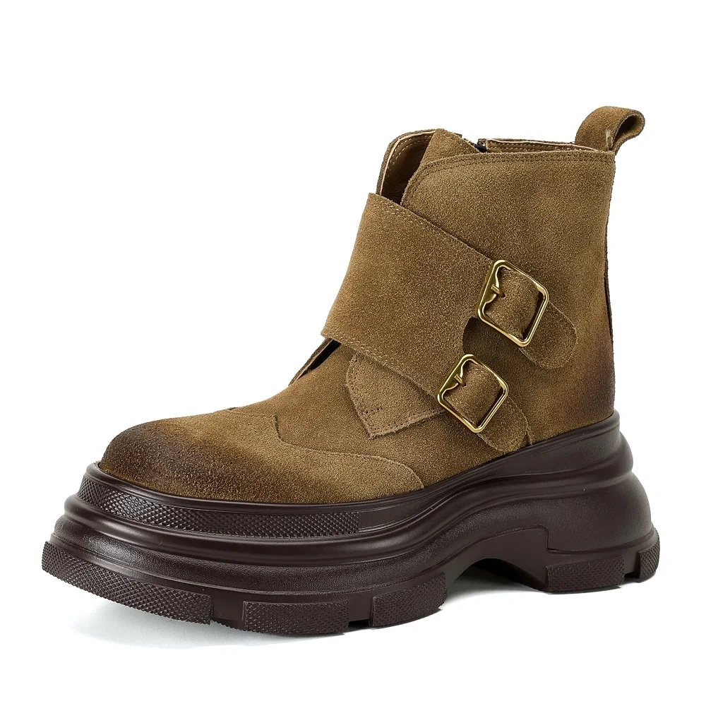 British Style Retro Solid Genuine Leather 7 CM Thick Sole Belt Buckle Autumn Winter Fleece Lined Side Zipper Ankle Boots 51106