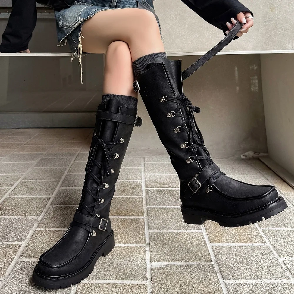 Retro Round Toe 3.5 CM Block Heel Cross Straps Buckle Design Y2K Edgy Sweet Girl Aesthetic Brown Knee High Boots 51108