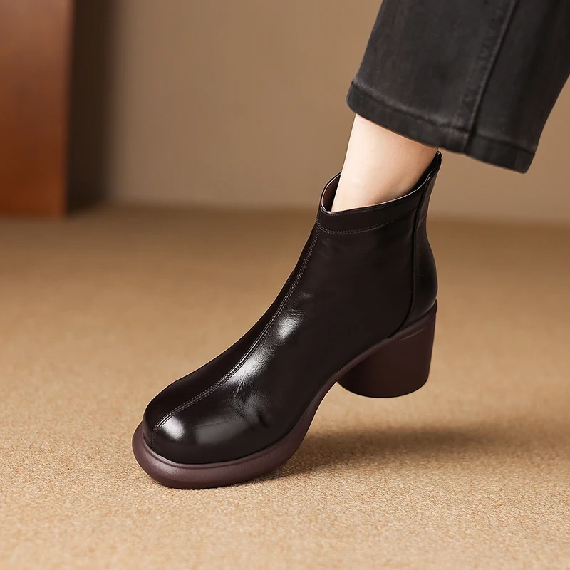 2025 Winter New Women's Genuine Leather Solid Color Casual Zip 7 CM Block Heel Round Toe Thick Fleece Lined Ankle Boots 51111