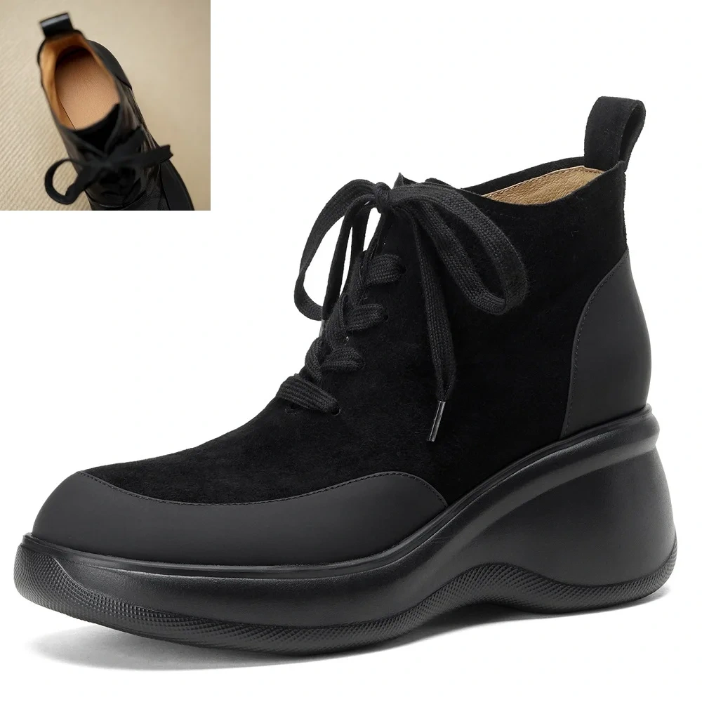 Women's Autumn Winter New Style Black British Style Simple Wedge Heel 7 CM Sheepskin Comfort Lace-up Platform Ankle Boots 51112