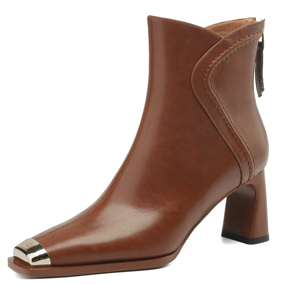 Autumn Winter New Solid Elegant Fashion 7 CM Block Heel Metal Toe Leather French Retro Plus Size 40 Women's Ankle Boots 51110