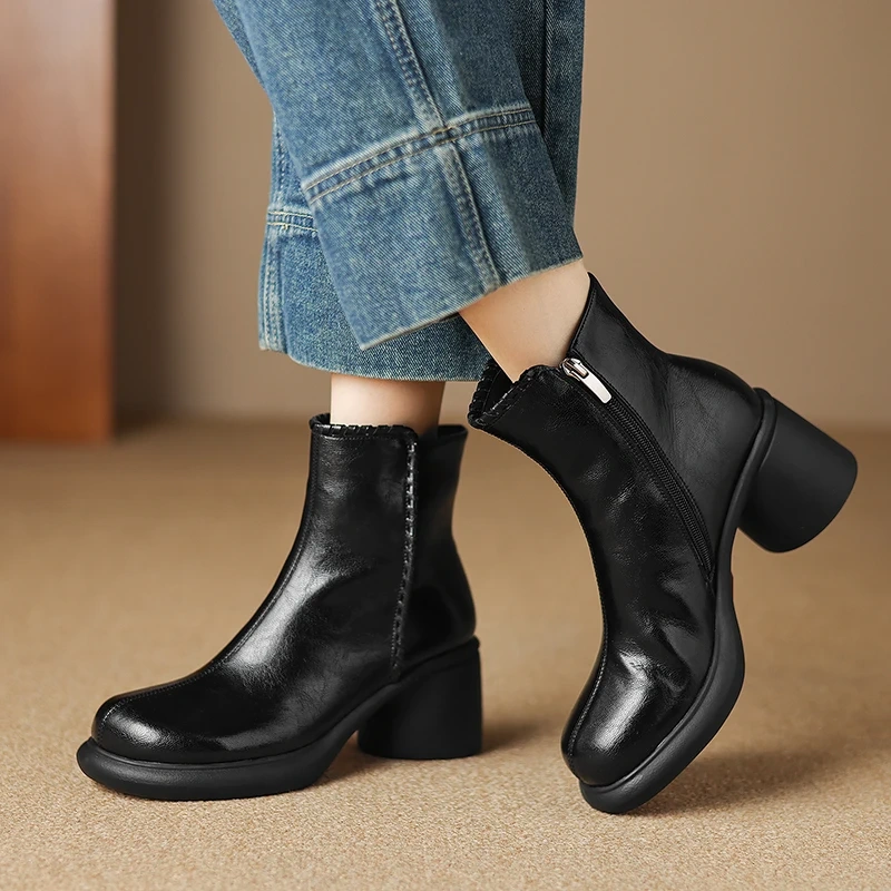 2025 Winter New Women's British Retro Round Toe Solid Genuine Leather 7 CM Block Heel Fleece Lining Side Zip Ankle Boots 51110