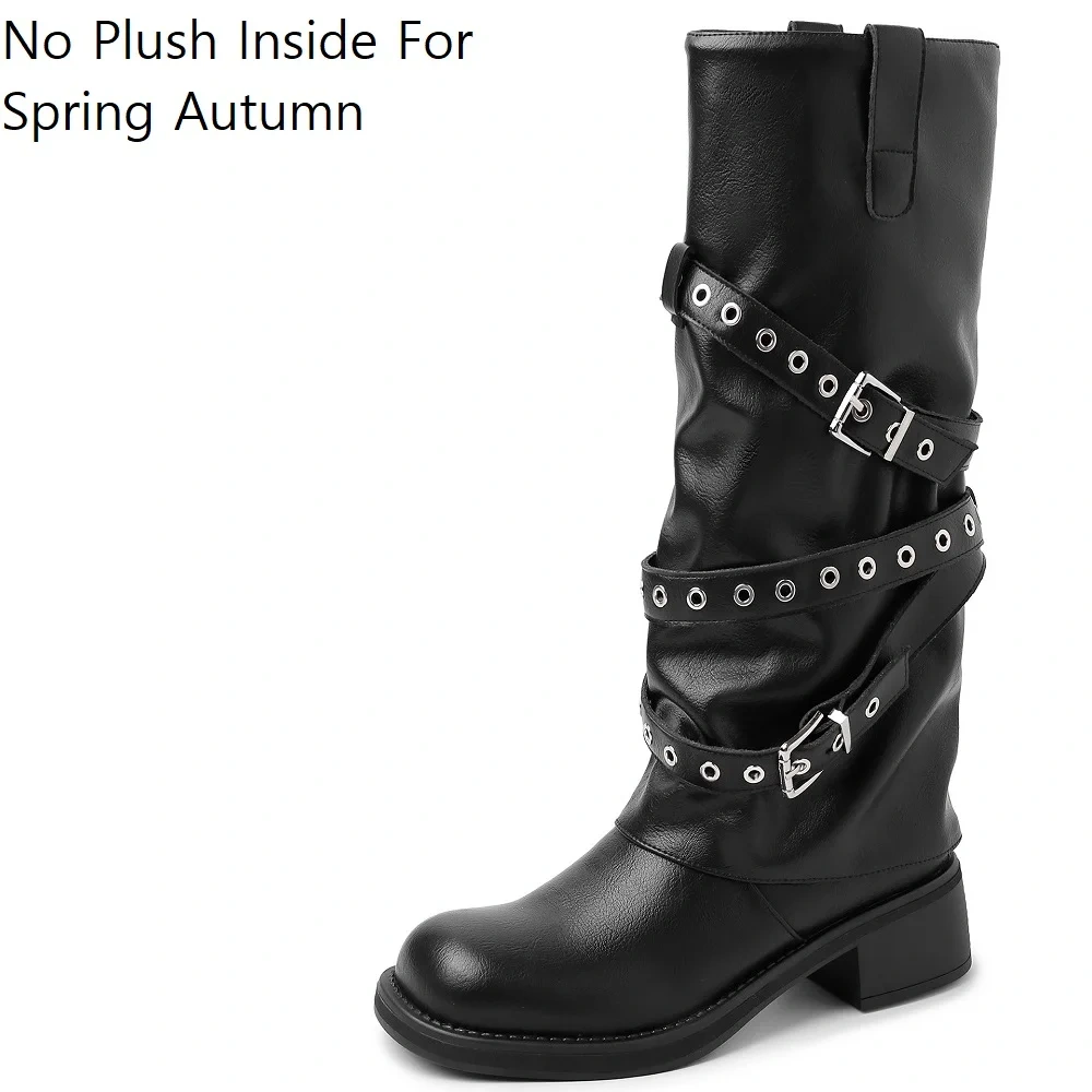5 CM Block Heel Retro Genuine Leather Fashion Autumn Winter Cargo Soft Sole Western Style Slip-On Kicker Mid-Calf Boots 51108