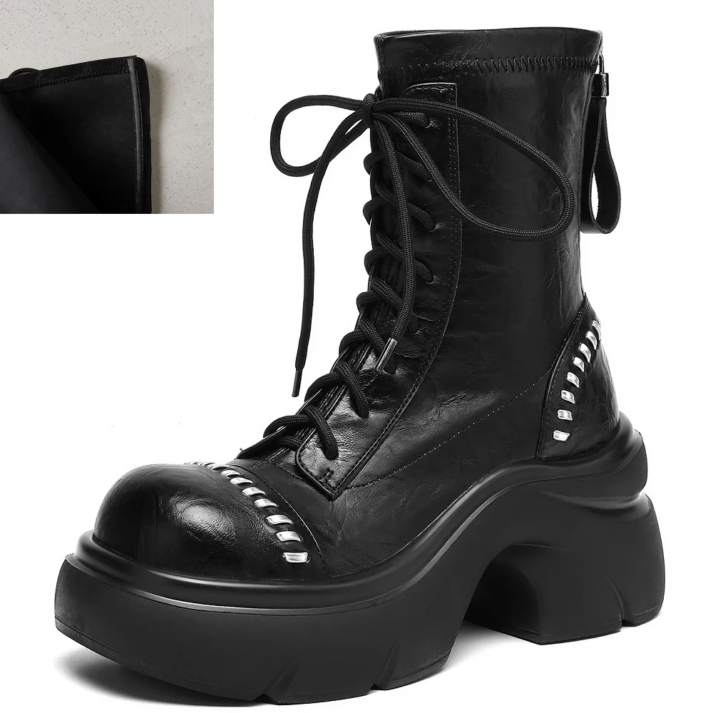 Lace Up Women's British Retro Motorcycle Boots 8 CM Square Heel Genuine Leather Rivet Platform 2025 Autumn Winter Back Zip 51031