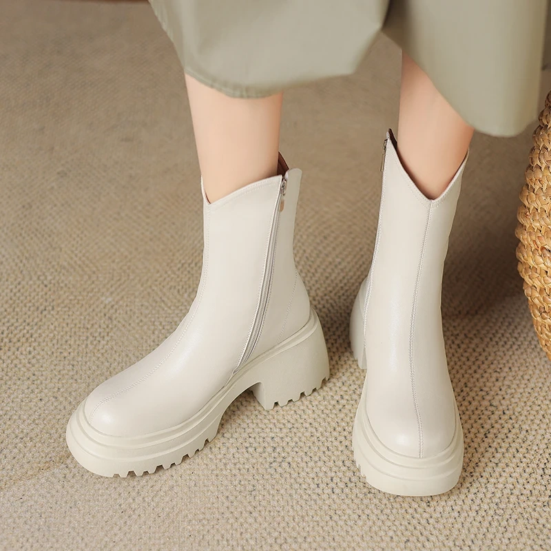 7CM Square Heel Solid Color Genuine Leather Side Zip Minimalist Winter New Style Cashmere Lined Women's Ankle Boots51105