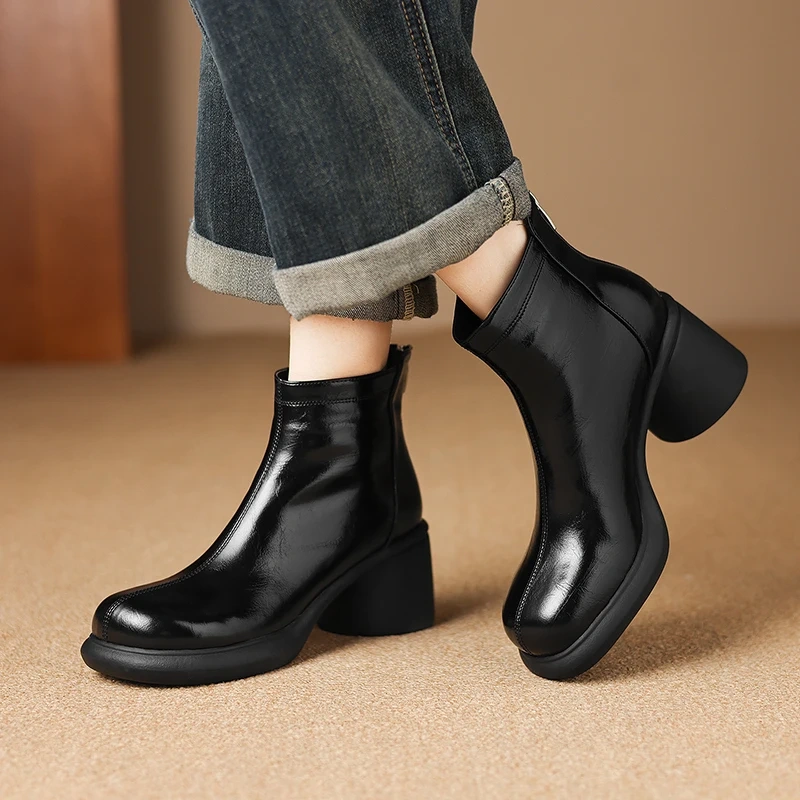 2025 Winter New Women's Genuine Leather Solid Color Casual Zip 7 CM Block Heel Round Toe Thick Fleece Lined Ankle Boots 51111