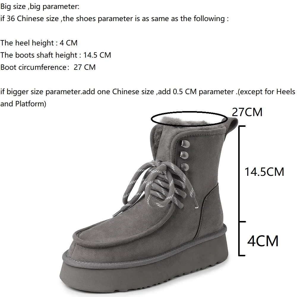 Winter New Plus Size 42 Women's Genuine Suede Lace Up Platform Snow Boots Thick Fleece Warm Non-Slip Casual Ankle Boots 51110