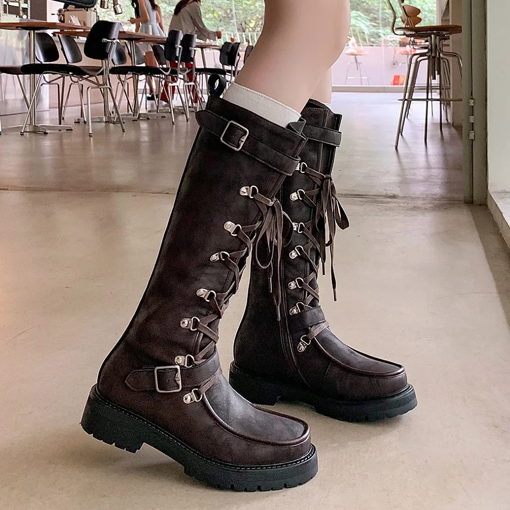 Retro Round Toe 3.5 CM Block Heel Cross Straps Buckle Design Y2K Edgy Sweet Girl Aesthetic Brown Knee High Boots 51108