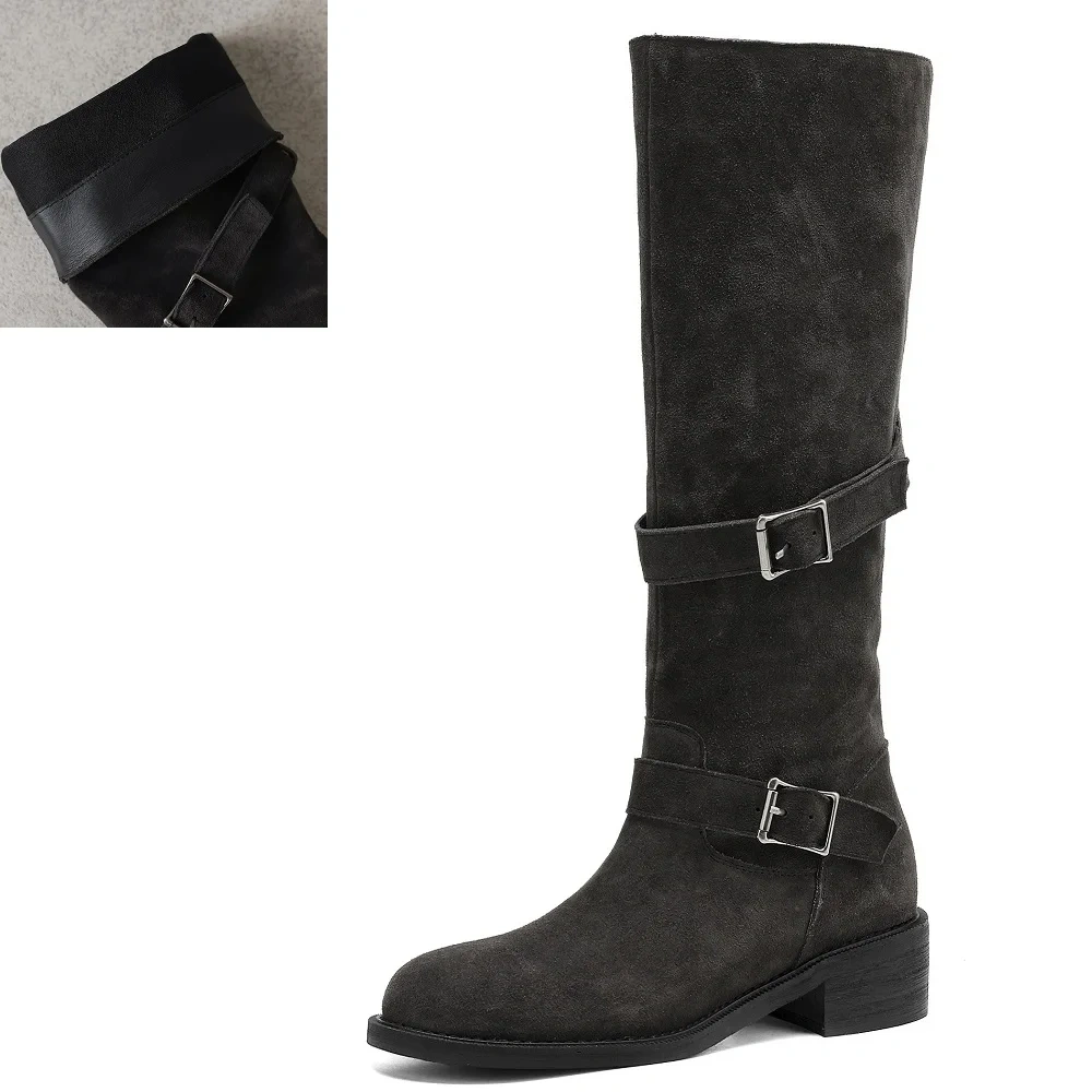 Slimming 4CM Block Heel Buckle Round Toe Genuine Leather Suede Versatile Vintage Mermaid Autumn Winter Knee-High Boots 51112