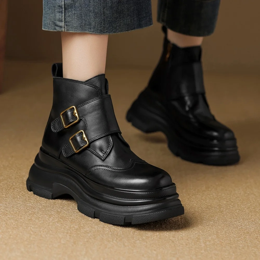 British Style Retro Solid Genuine Leather 7 CM Thick Sole Belt Buckle Autumn Winter Fleece Lined Side Zipper Ankle Boots 51106