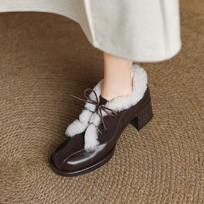 Women's Elegant 5.5 CM Block Heel Genuine Leather Suede Patchwork Lace-Up Round Toe French Retro Fashion Plush Lined Shoes 51105