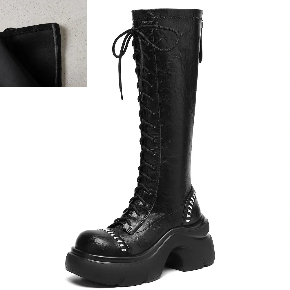 Lace Up Women's British Retro Motorcycle Boots 8 CM Square Heel Genuine Leather Rivet Platform 2025 Autumn Winter Back Zip 51031