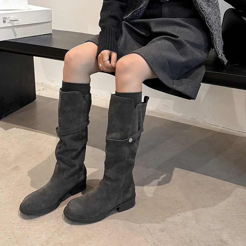 4CM Block Heel Fashion Round Toe Muted Earth Tone Autumn Winter Solid Color Genuine Suede Slip-On Women's Knee-High Boots 51110
