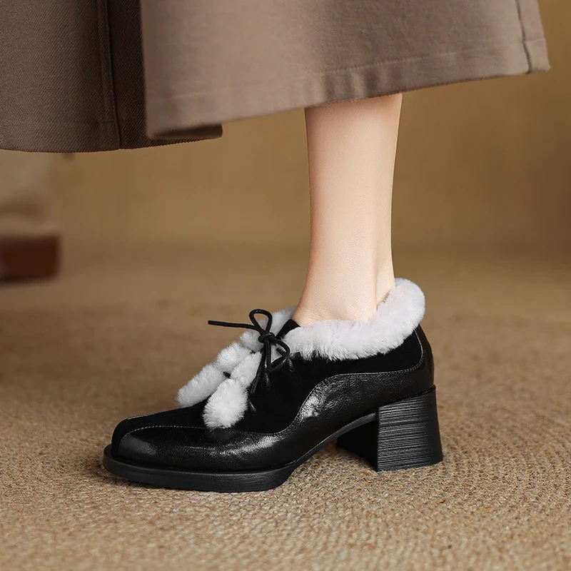 Women's Elegant 5.5 CM Block Heel Genuine Leather Suede Patchwork Lace-Up Round Toe French Retro Fashion Plush Lined Shoes 51105