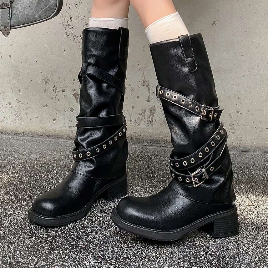 5 CM Block Heel Retro Genuine Leather Fashion Autumn Winter Cargo Soft Sole Western Style Slip-On Kicker Mid-Calf Boots 51108