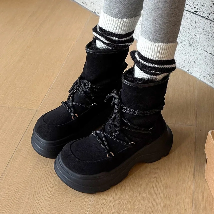 Women's Warm Fleece Lined Snow Boots 2025 6 CM Platform Height Increasing Round Toe Faux Suede Lace-Up Ankle Casual Boots 51115