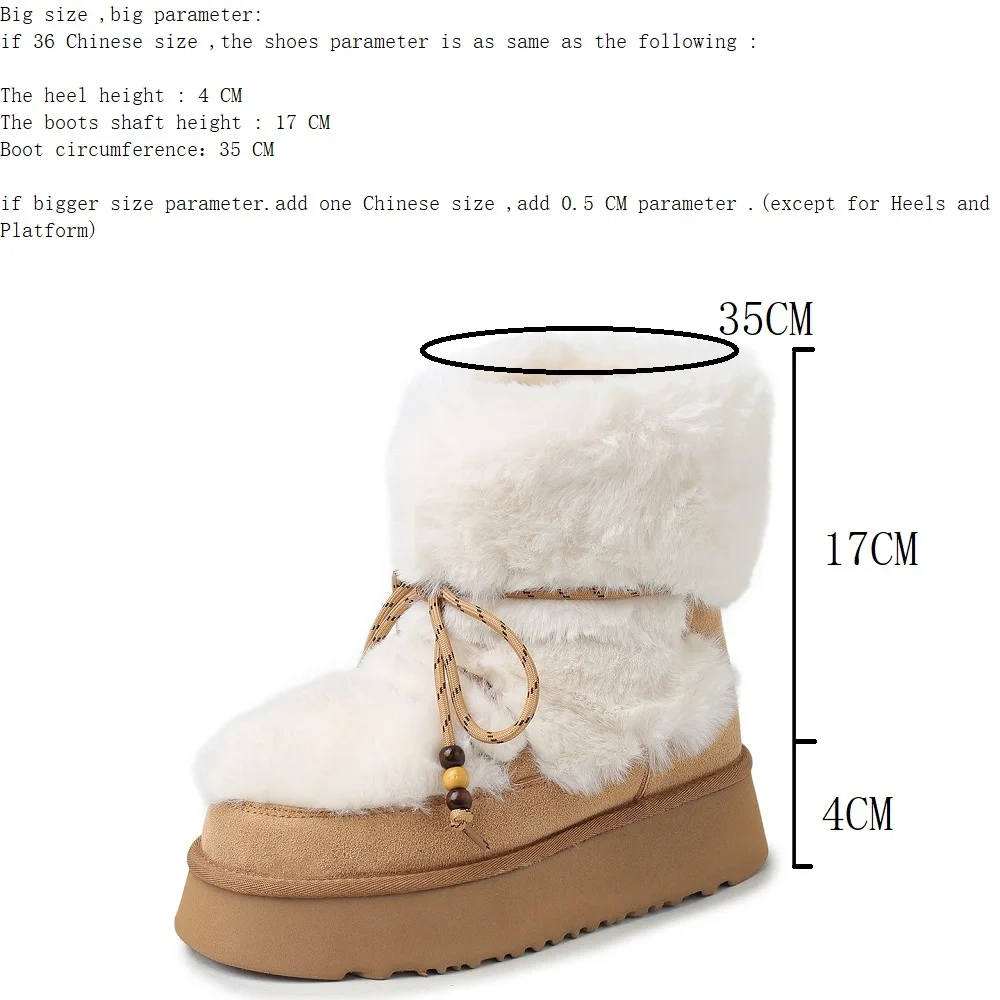 Women's Genuine Leather Fuzzy Lined Warm Beaded Casual White Furry 4 CM Thick Platform Slip On  Ankle Boots Plus Size 42 51107