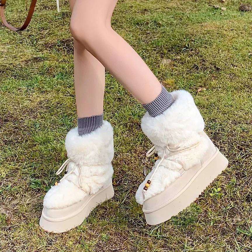 Women's Genuine Leather Fuzzy Lined Warm Beaded Casual White Furry 4 CM Thick Platform Slip On  Ankle Boots Plus Size 42 51107