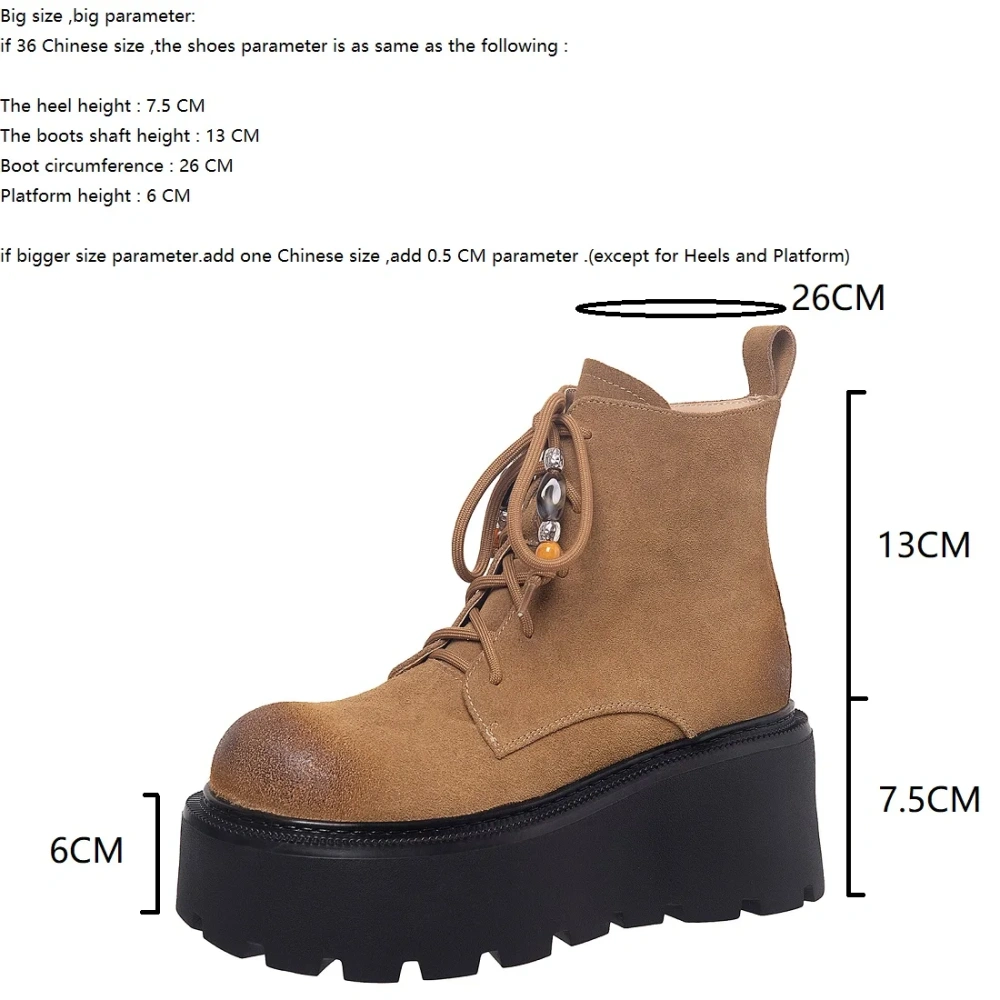7.5 CM Thick Sole Suede Lace-Up Retro Distressed Beaded Round Toe British Style Casual Autumn Winter Platform Ankle Boots 51112
