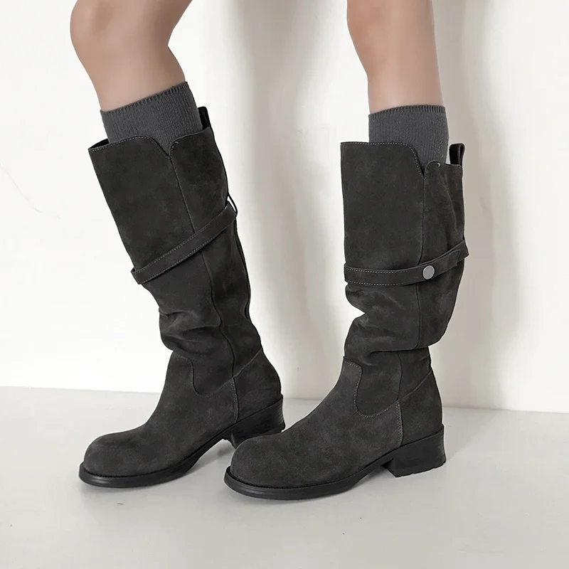 4CM Block Heel Fashion Round Toe Muted Earth Tone Autumn Winter Solid Color Genuine Suede Slip-On Women's Knee-High Boots 51110