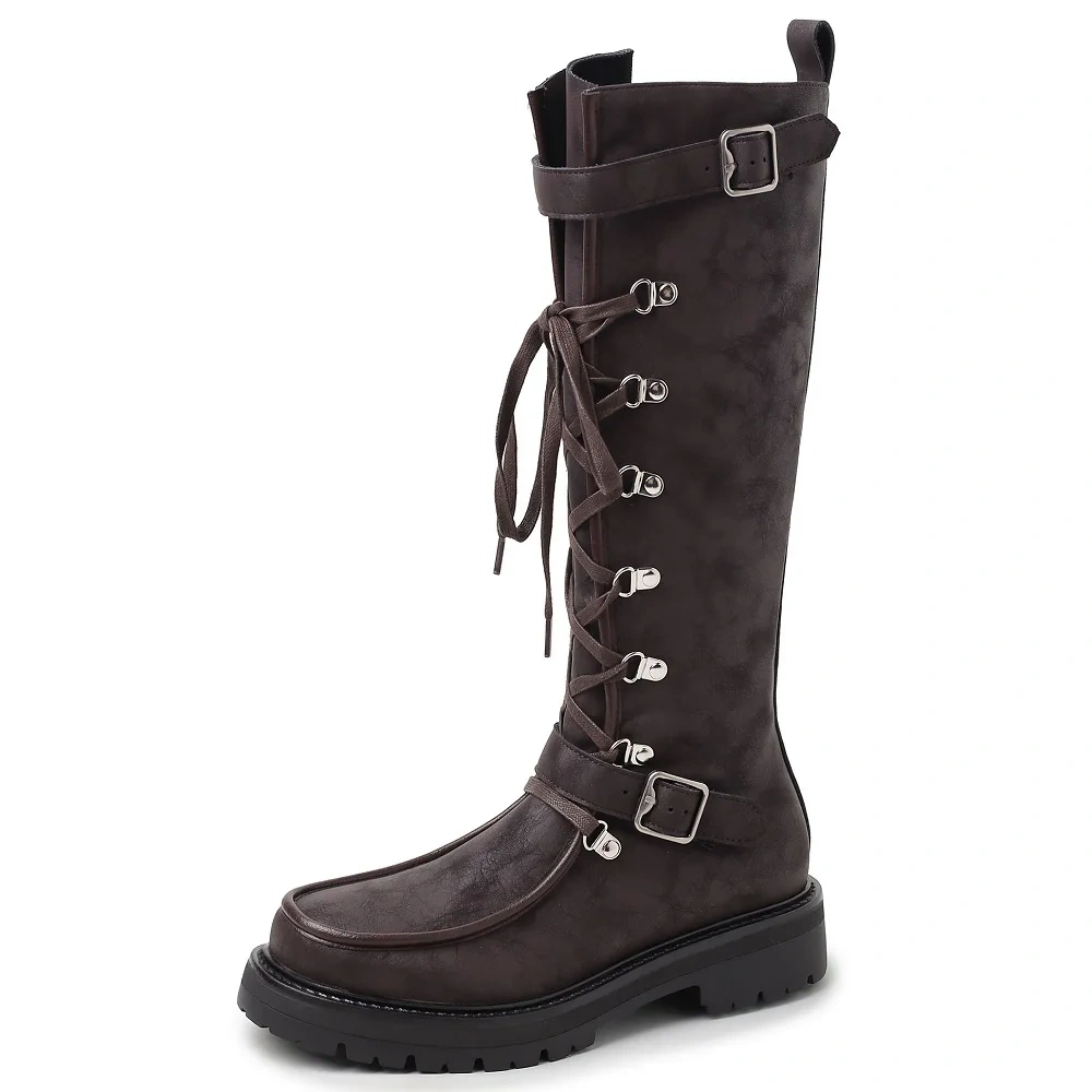 Retro Round Toe 3.5 CM Block Heel Cross Straps Buckle Design Y2K Edgy Sweet Girl Aesthetic Brown Knee High Boots 51108