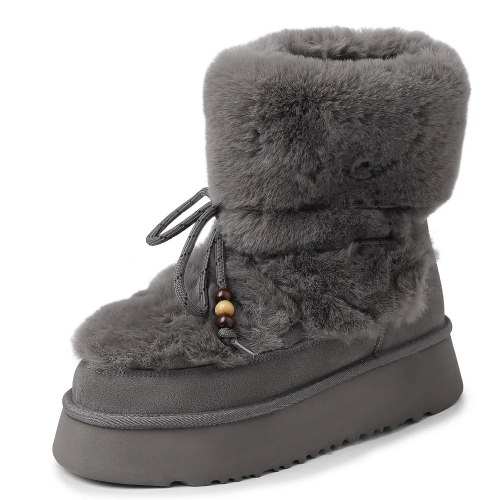 Women's Genuine Leather Fuzzy Lined Warm Beaded Casual White Furry 4 CM Thick Platform Slip On  Ankle Boots Plus Size 42 51107