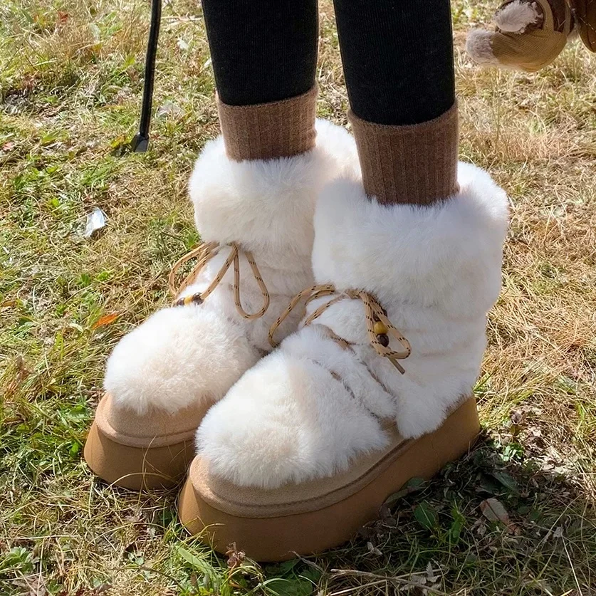 Women's Genuine Leather Fuzzy Lined Warm Beaded Casual White Furry 4 CM Thick Platform Slip On  Ankle Boots Plus Size 42 51107