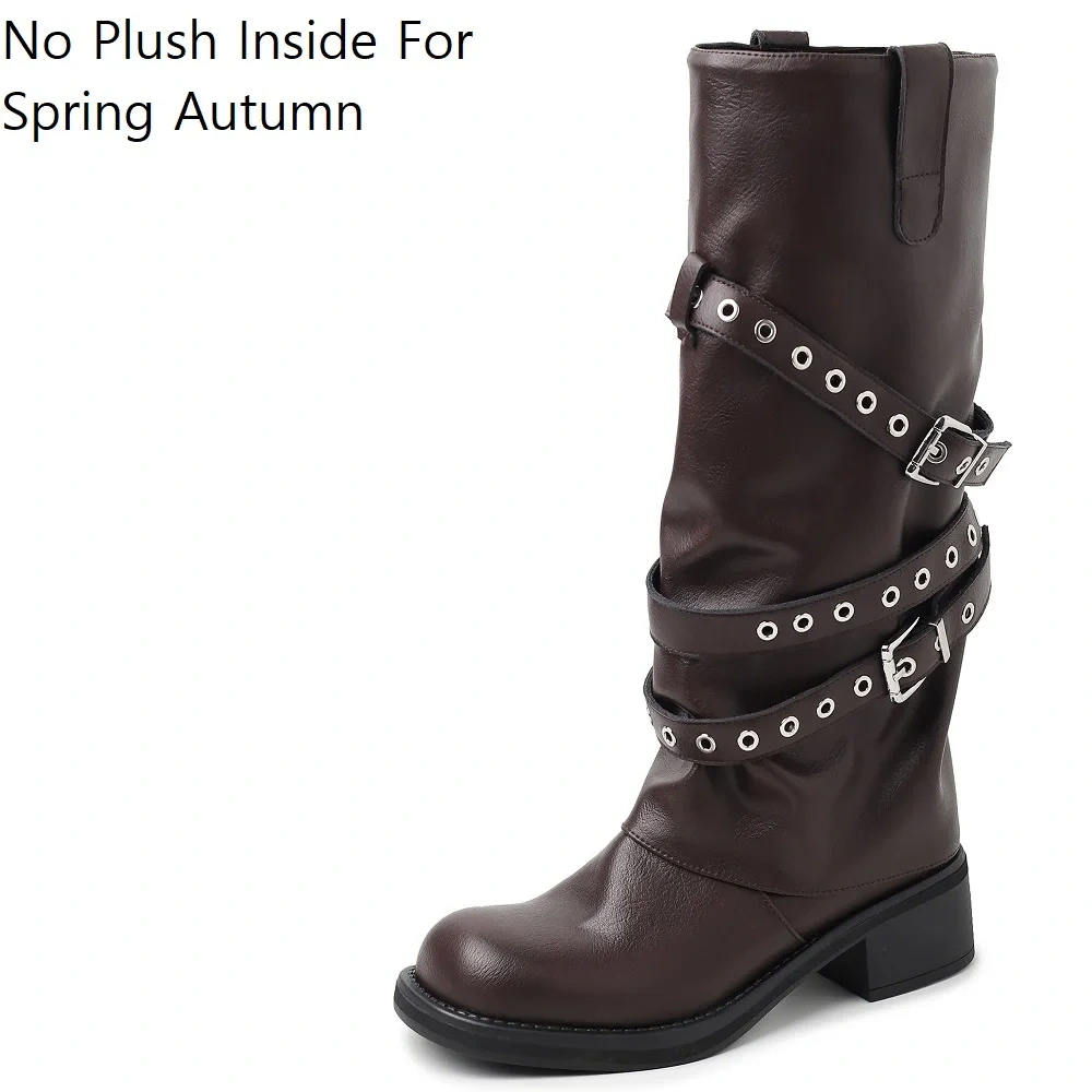5 CM Block Heel Retro Genuine Leather Fashion Autumn Winter Cargo Soft Sole Western Style Slip-On Kicker Mid-Calf Boots 51108