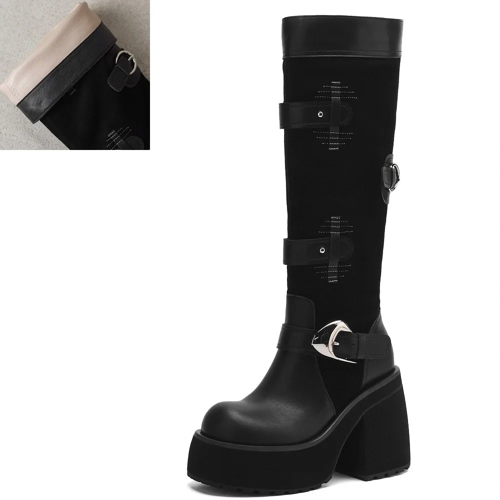 Women's Buckle Platform Slip-On Fashion 10.5CM Square Heel Genuine Leather Versatile European & American Style Knight Boots51106