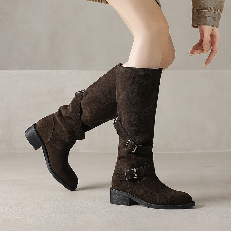 Slimming 4CM Block Heel Buckle Round Toe Genuine Leather Suede Versatile Vintage Mermaid Autumn Winter Knee-High Boots 51112