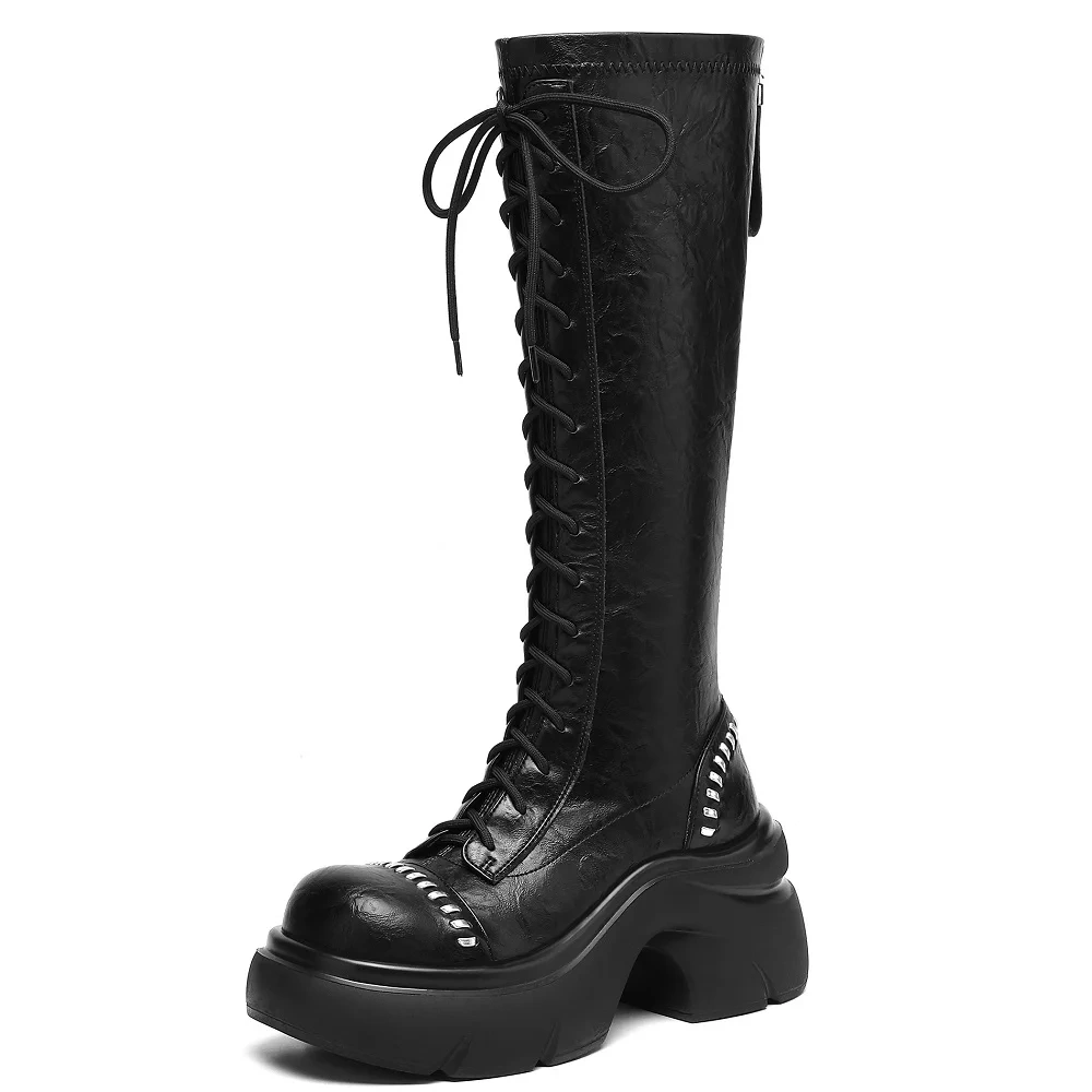 Lace Up Women's British Retro Motorcycle Boots 8 CM Square Heel Genuine Leather Rivet Platform 2025 Autumn Winter Back Zip 51031