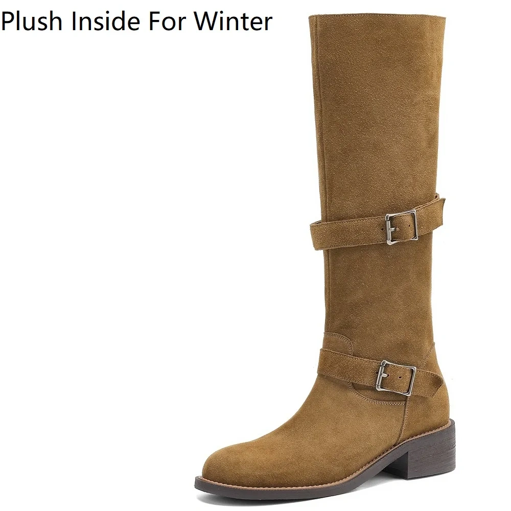 Slimming 4CM Block Heel Buckle Round Toe Genuine Leather Suede Versatile Vintage Mermaid Autumn Winter Knee-High Boots 51112