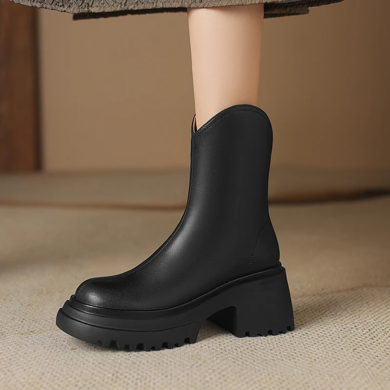 7CM Square Heel Solid Color Genuine Leather Side Zip Minimalist Winter New Style Cashmere Lined Women's Ankle Boots51105
