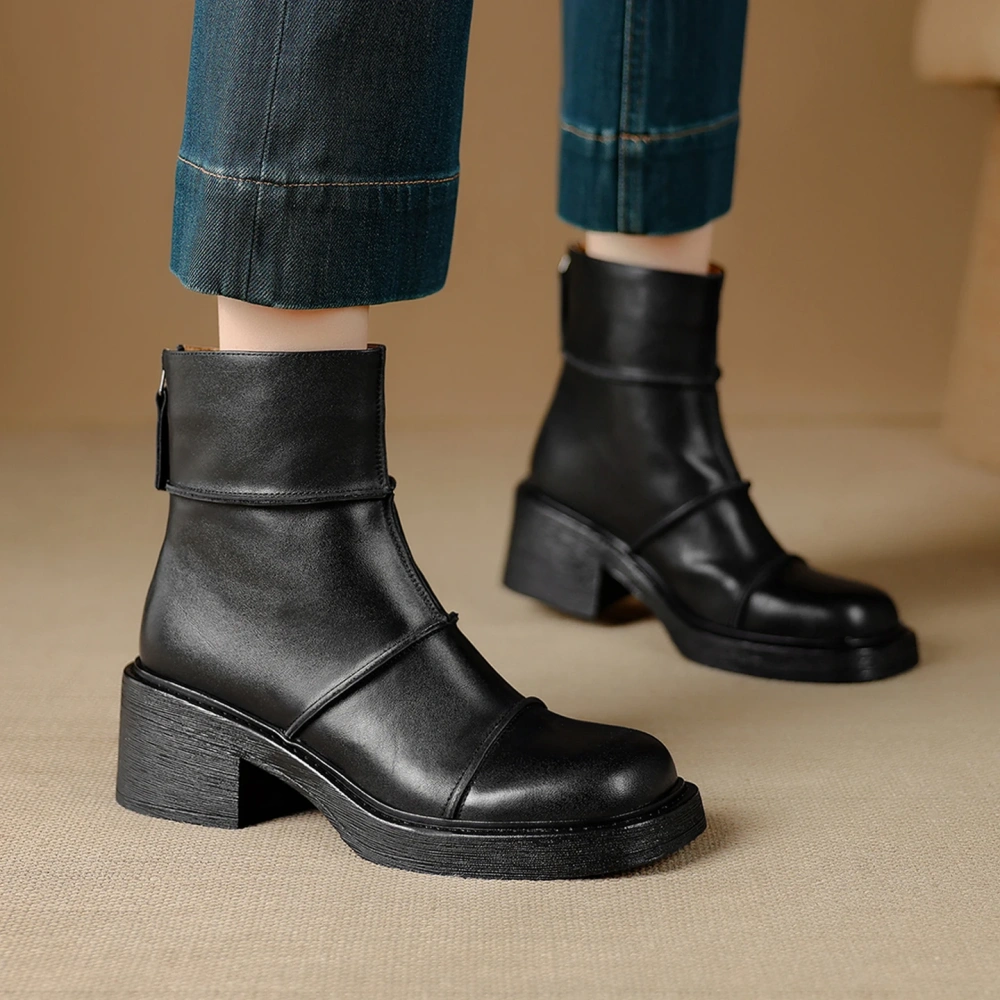 Vintage Brown 5.5CM Block Heel Ankle Women's Autumn Winter Fleece Lined Genuine Leather French British Style Chic Boots 51115