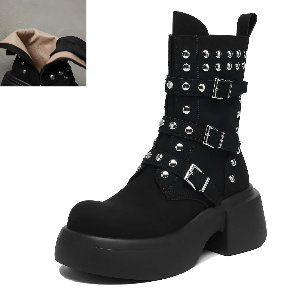 6CM Chunky Heel Suede Genuine Leather Retro British Style Rivet Belt Buckle Y2K Girly Trend Autumn Winter New Ladies Boots 51031