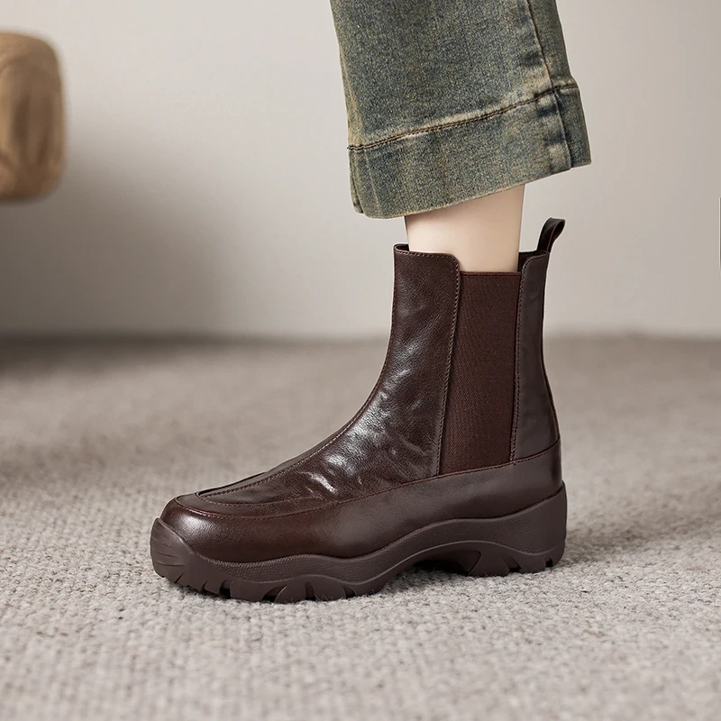 Women's British Genuine Leather Slip On Solid Color Round Toe 4.5 CM Platform Casual Lamb Wool Lining Soft Sole Ankle Boots51108