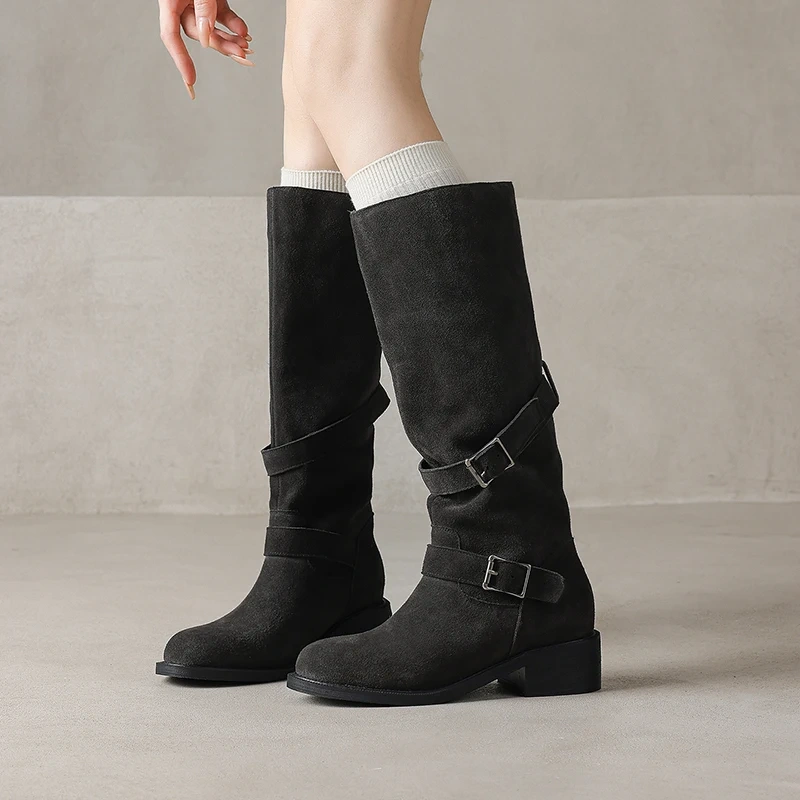 Slimming 4CM Block Heel Buckle Round Toe Genuine Leather Suede Versatile Vintage Mermaid Autumn Winter Knee-High Boots 51112