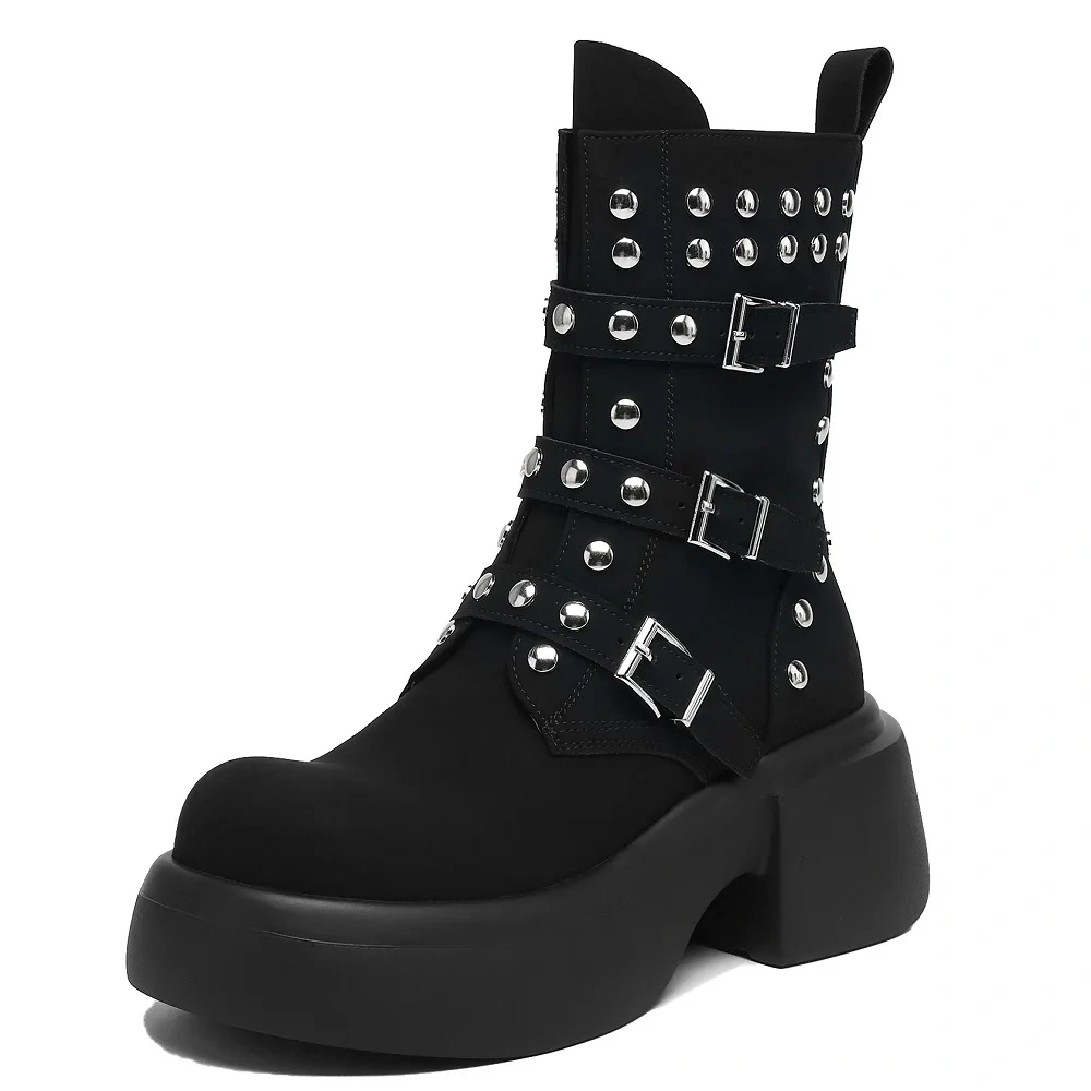 6CM Chunky Heel Suede Genuine Leather Retro British Style Rivet Belt Buckle Y2K Girly Trend Autumn Winter New Ladies Boots 51031