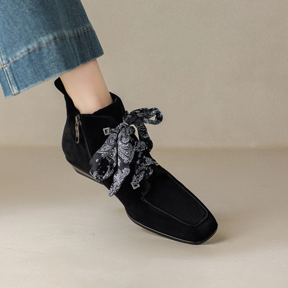 3CM Block Heel Spring Autumn Winter French Square Toe Office Sheep Suede Ribbon Elegant Zipper Retro Fashion Ankle Boots 51112