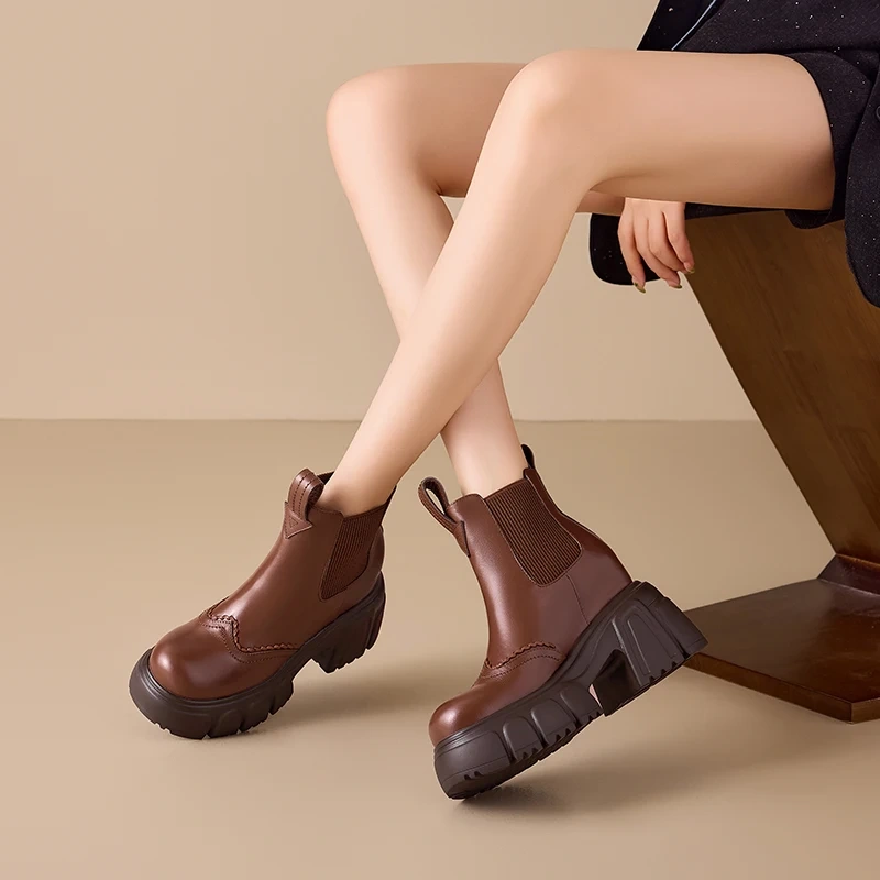 10 CM Block Heel Genuine Leather Round Toe Slip-On Platform Minimalist British Style Autumn Winter New Women's Ankle Boots 51113