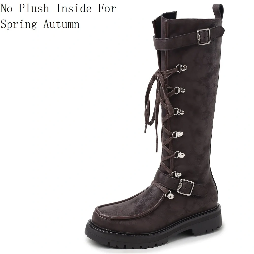 Retro Round Toe 3.5 CM Block Heel Cross Straps Buckle Design Y2K Edgy Sweet Girl Aesthetic Brown Knee High Boots 51108