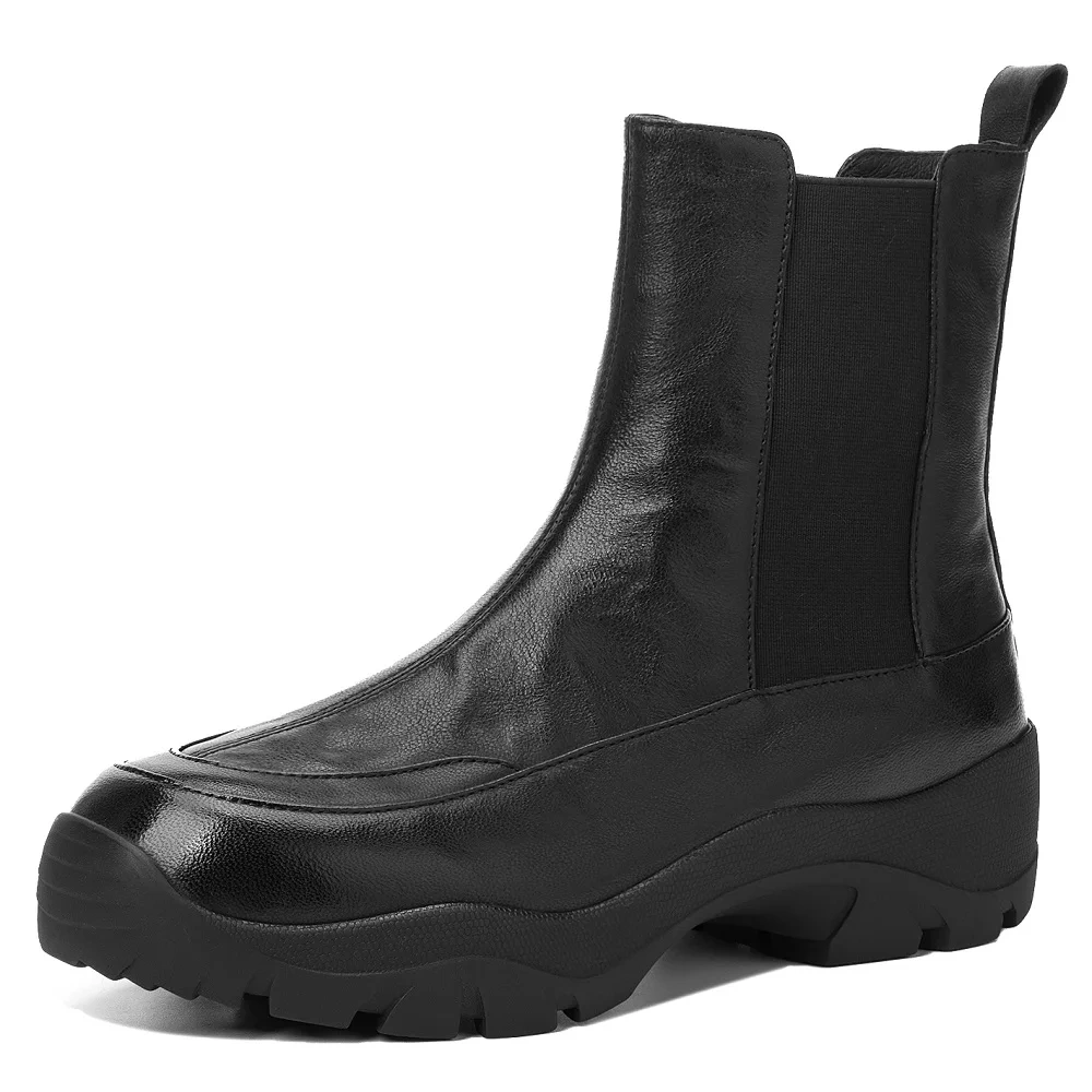 Women's British Genuine Leather Slip On Solid Color Round Toe 4.5 CM Platform Casual Lamb Wool Lining Soft Sole Ankle Boots51108